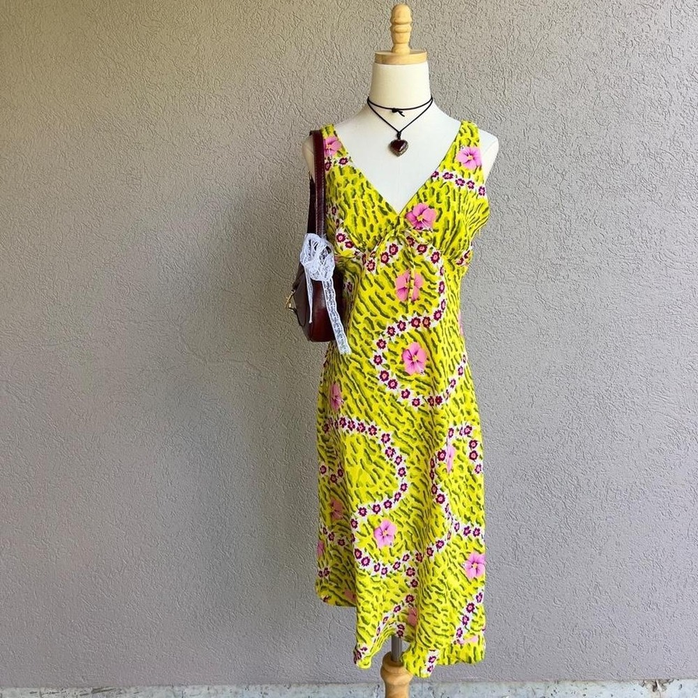 Vintage Y2K Yellow Floral Midi Dress Size Small Resort Vibrant Vacation